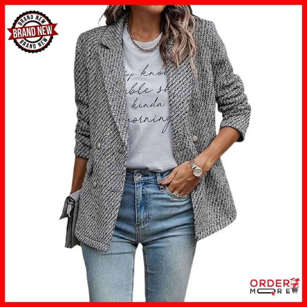 Tweed Blazer Double Breasted Office Jacket Long Sleeve Textured